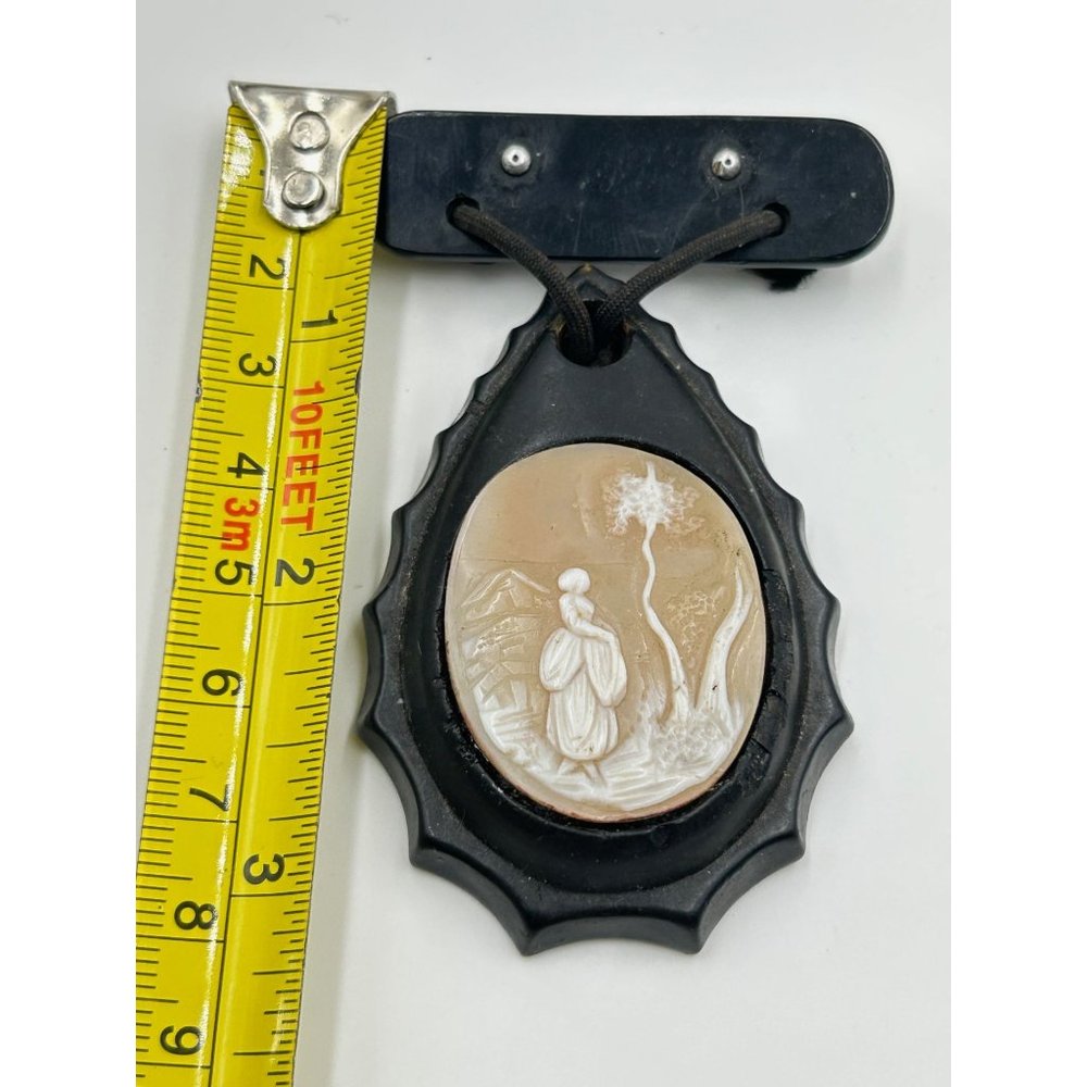 Antique Mourning Brooch Pin Dangle Genuine Carved Shell Cameo Black Drop Shaped - Picture 9 of 9